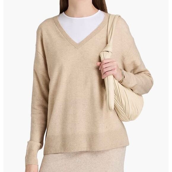 NWOT VINCE ($368) Wool & Cashmere-Blend V-Neck Sweater Natural Sz Large - Picture 1 of 6